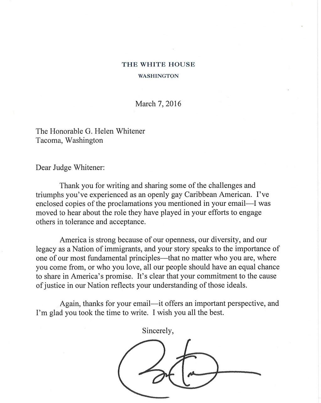 JUDGE WHITENER RECEIVES A LETTER FROM THE PRESIDENT OF THE UNITED STATES