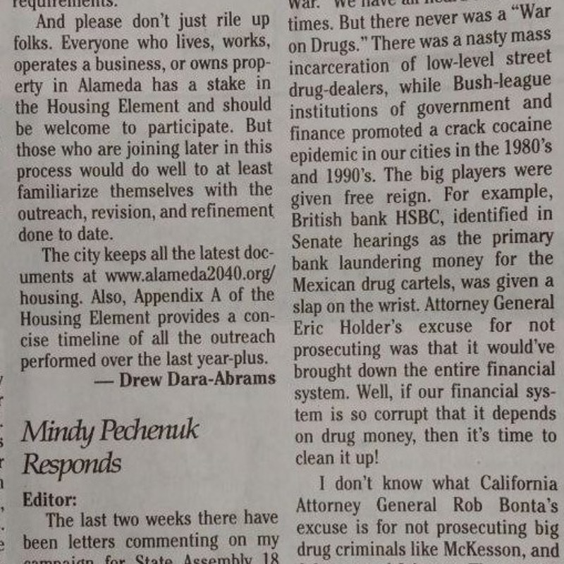 Mindy Pechenuk "Letter to the Editor" in the Alamenda Sun. September 23, 2022