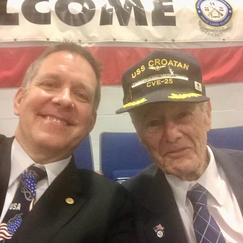 Eric with Bob Paisker, USS Croatan CVE-25, WW II Veteran USN. Bob was part of a task force that sank 6 German U-Boats. 