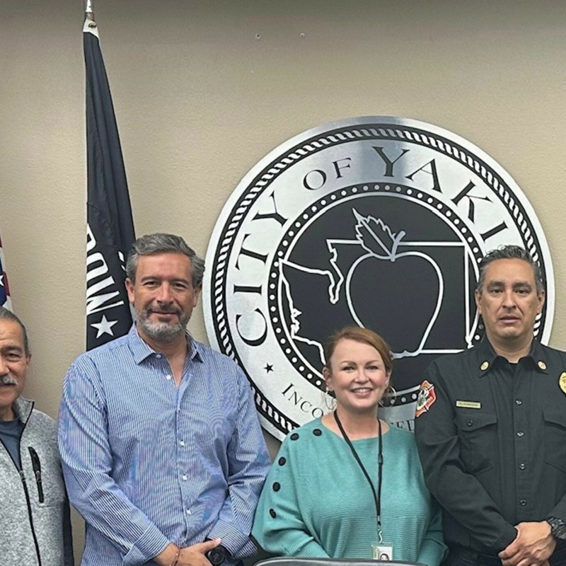 With members of the Yakima-Morelia Sister City Association in 2023, former Yakima Symphony Executive Director, David Rodgers, President Noe Gutierrez, Historian Margaret Luera - and two delegates from Morelia; Francisco Xavier Lara Medina, City Coordinator for Civil Protection and Fire Department of Morelia, and Rodrigo Camacho, Morelia's Fire Chief.