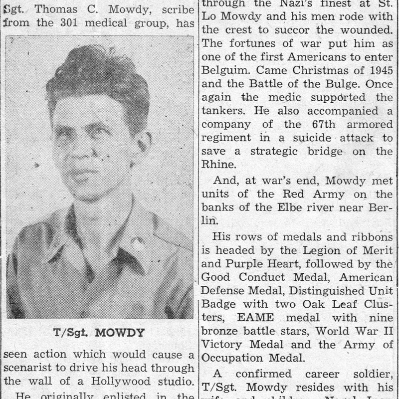 A news article on my father, Tom Mowdy Sr., from Smokey Hill AFB, after World War II. 