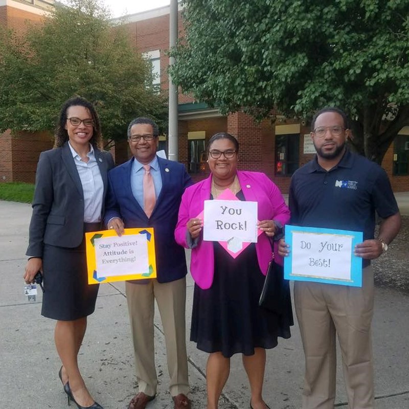 Greeting students on the first day of school at Heritage High School with Principal Shameka Gerald, Mayor McKinley Price, and School Board Member John Eley