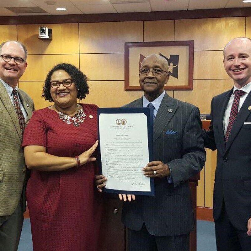 Presenting HJ1015 to Mr. Teddy Hicks to congratulate him on a wonderful career in public service at a Newport News School Board meeting with Senator Mason and Del. Mullin (93rd)