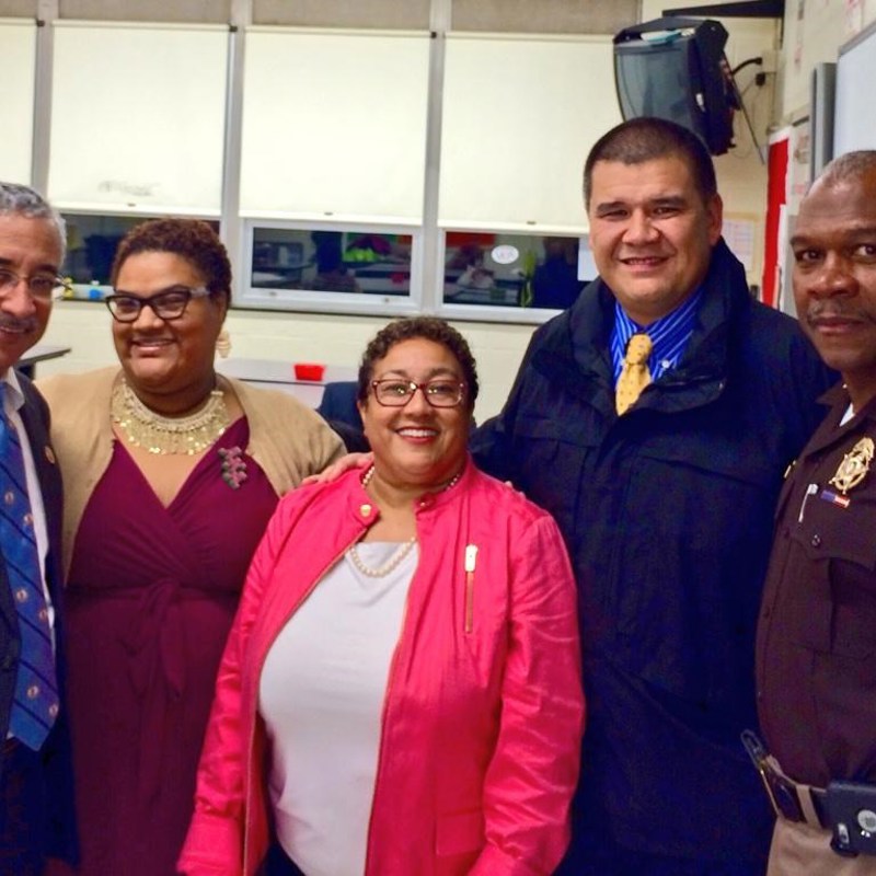 Marcia is with other panelists and guests: Congressman Bobby Scott, Valerie Price, Vice Mayor Rob Coleman, and Sheriff Gabe Morgan at the RISE Against It Violence Prevention Program at Denbigh High School. The event was hosted by the Teens Against Youth Violence and Lambda Omega Chapter of Alpha Kappa Alpha Sorority, Inc.
