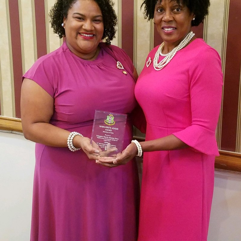 Receiving the Margaurite Adams Political Action Award from the Mid-Atlantic Regional Conference of Alpha Kappa Alpha Sorority, Inc.