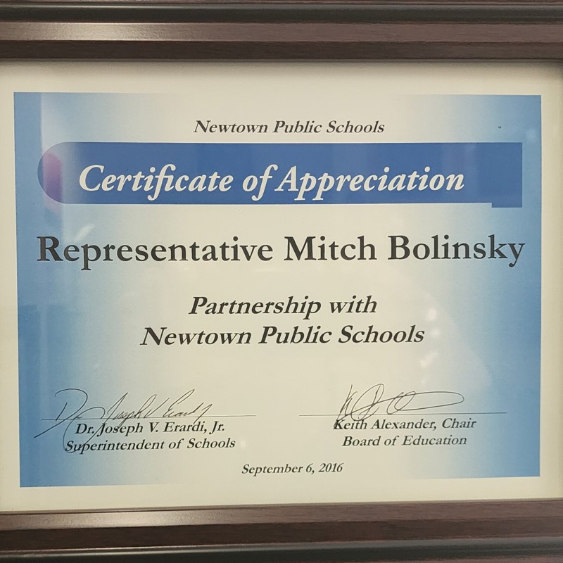 2016 Newtown Public Schools Certificate of Appreciation for Recovery of $180,000 unallocated Special Ed Funding