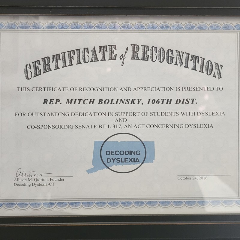 2016 Decoding Dyslexia - Certificate of Recognition for Dedication to Students with Dyslexia for Legislation Enabling a State Office of Dyslexia & Reading