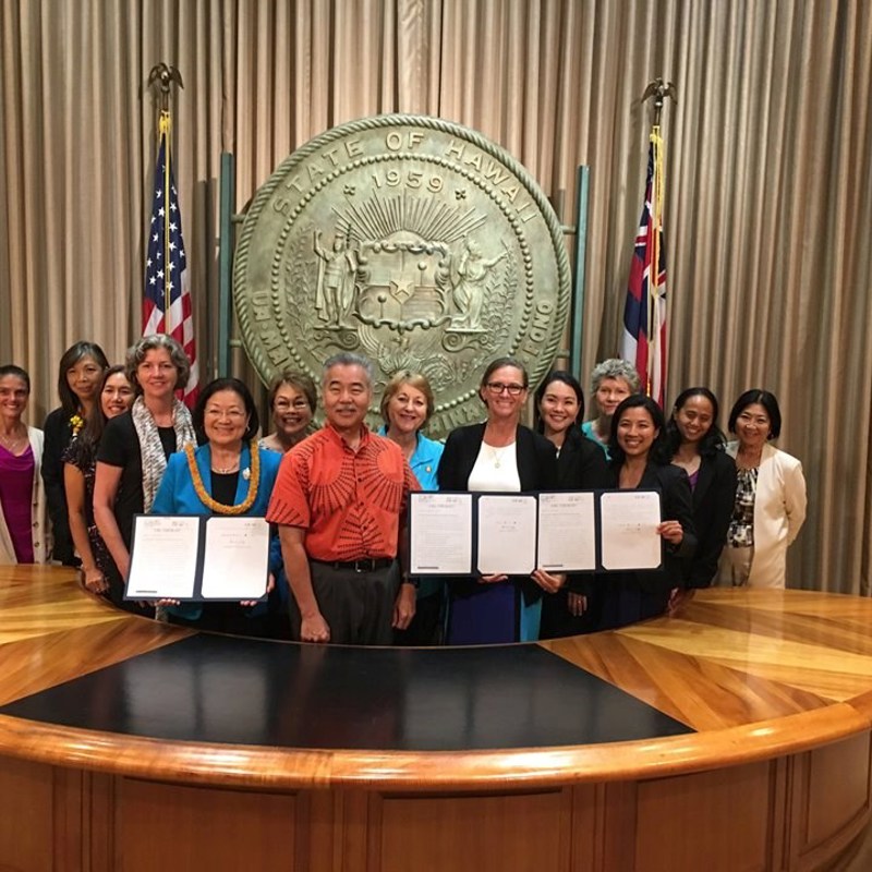 Joining the Women’s Legislative Caucus (WLC), the Governor, and Senator Hirono for the signing of the WLC bills 
