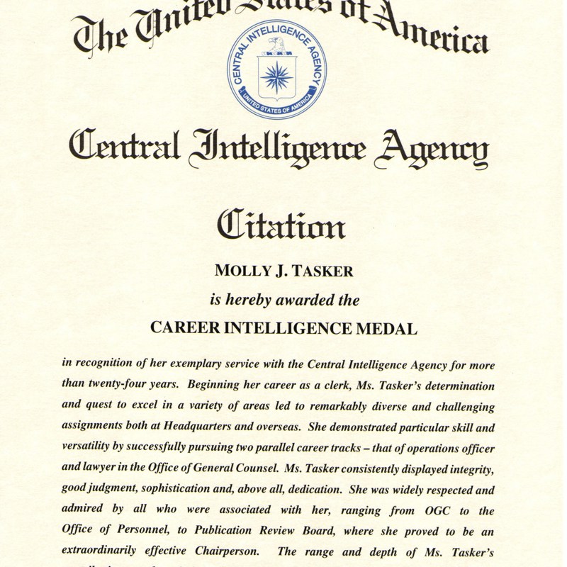 U.S.A. Central Intelligence Agency Citation awarded to Molly for Career Intelligence Medal